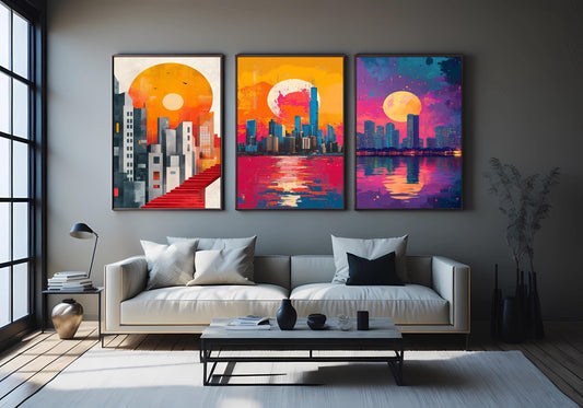 Sunset Cityscape Canvas Print Set: Modern Abstract Architecture Wall Art