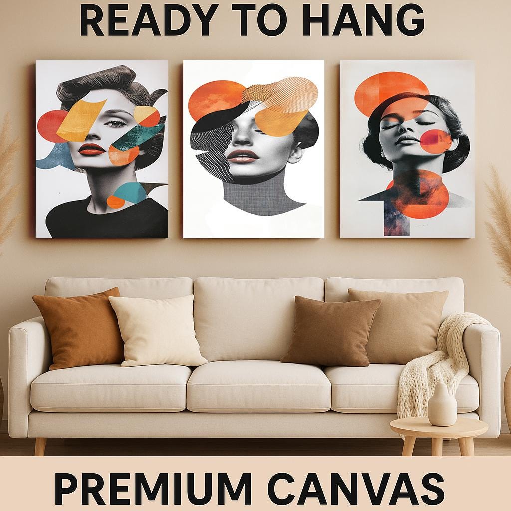 Abstract Woman Portrait Canvas Print Set: Modern Geometric Collage Wall Art