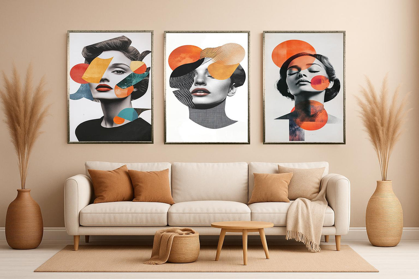 Abstract Woman Portrait Canvas Print Set: Modern Geometric Collage Wall Art