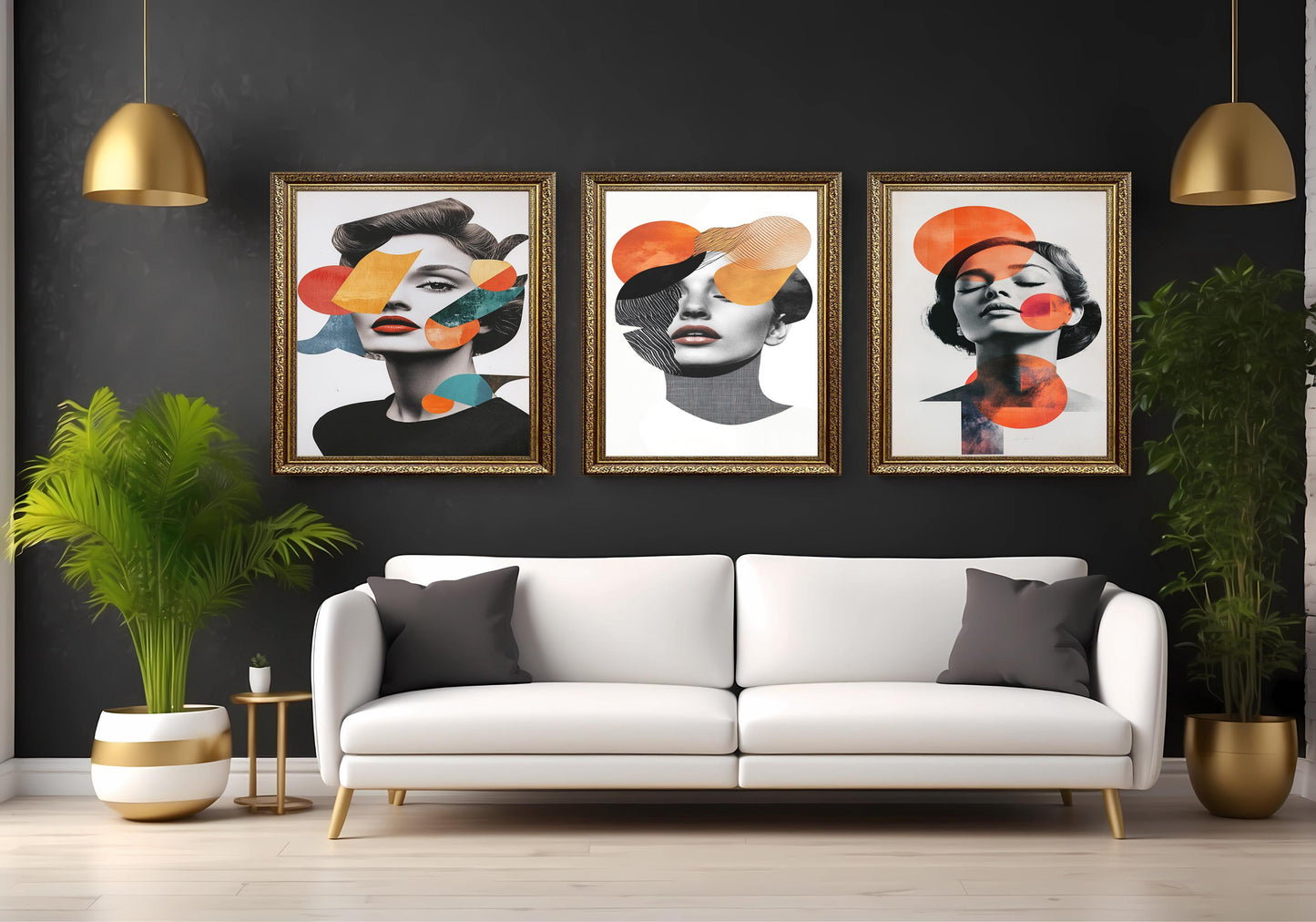 Abstract Woman Portrait Canvas Print Set: Modern Geometric Collage Wall Art
