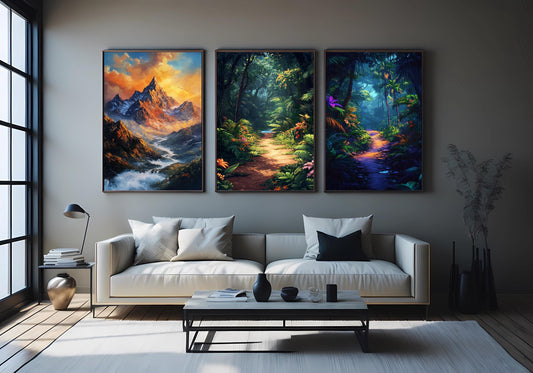 Tropical Jungle & Mountain Sunset Canvas Print Set - 3 Piece Nature Wall Art