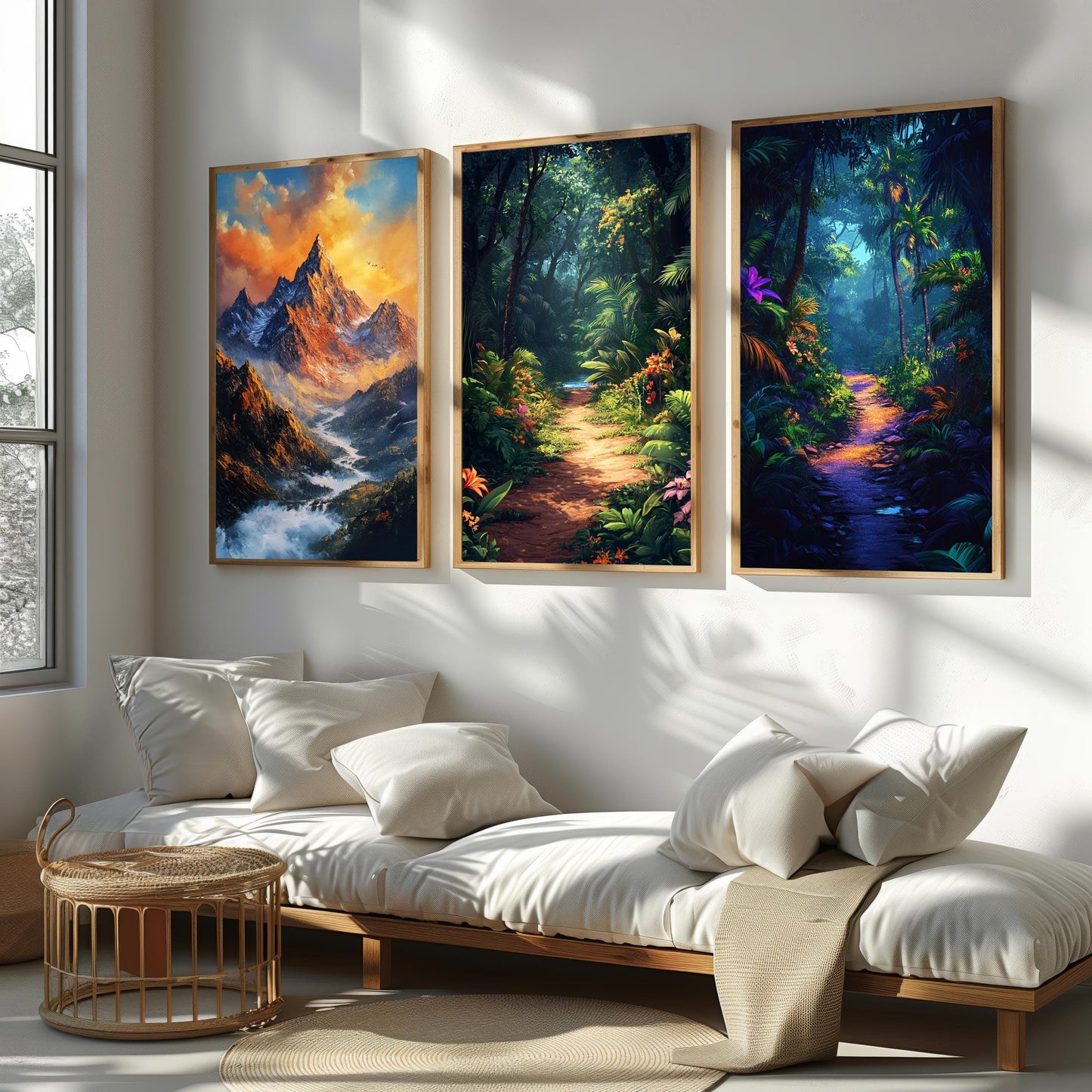 Tropical Jungle & Mountain Sunset Canvas Print Set - 3 Piece Nature Wall Art