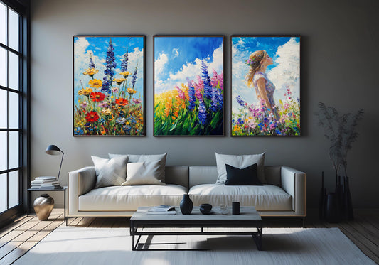 Impressionist Wildflower Garden Oil Painting Set: Floral Landscape Canvas Wall Art