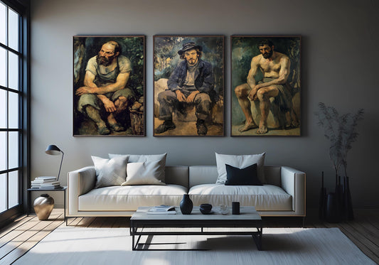 Classic Male Portrait Oil Painting Set  Rustic Worker, Seated Nude Figure, and Thoughtful Man for Vintage Art Lovers Gothic Wall Art
