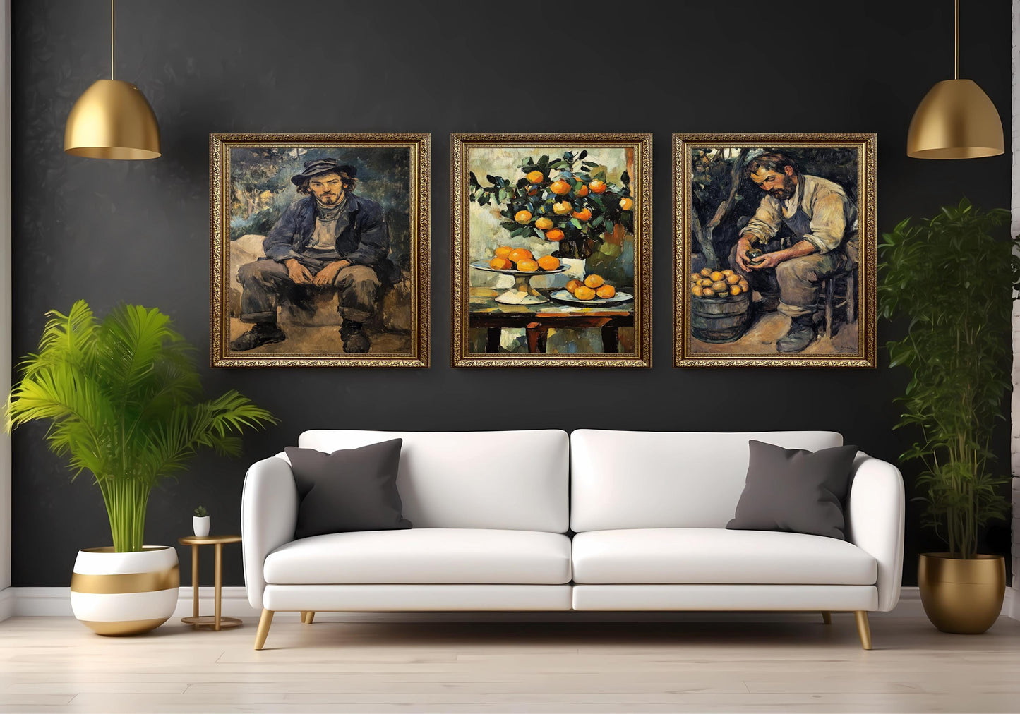 Vintage Still Life Oil Painting Set: Oranges, Rustic Man Portrait