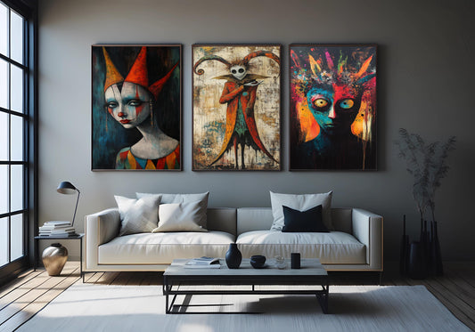 Dark Carnival Clown Canvas Art Set: Gothic Horror Jester Painting