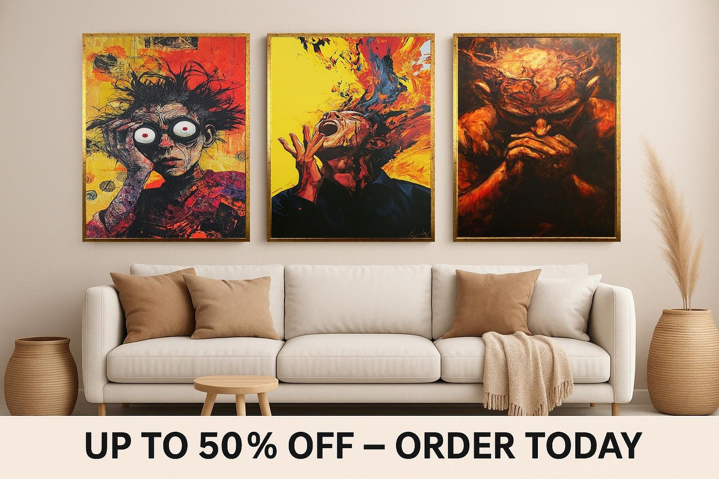 Surreal Expressionist Canvas Art Set: Fiery Emotional Portraits