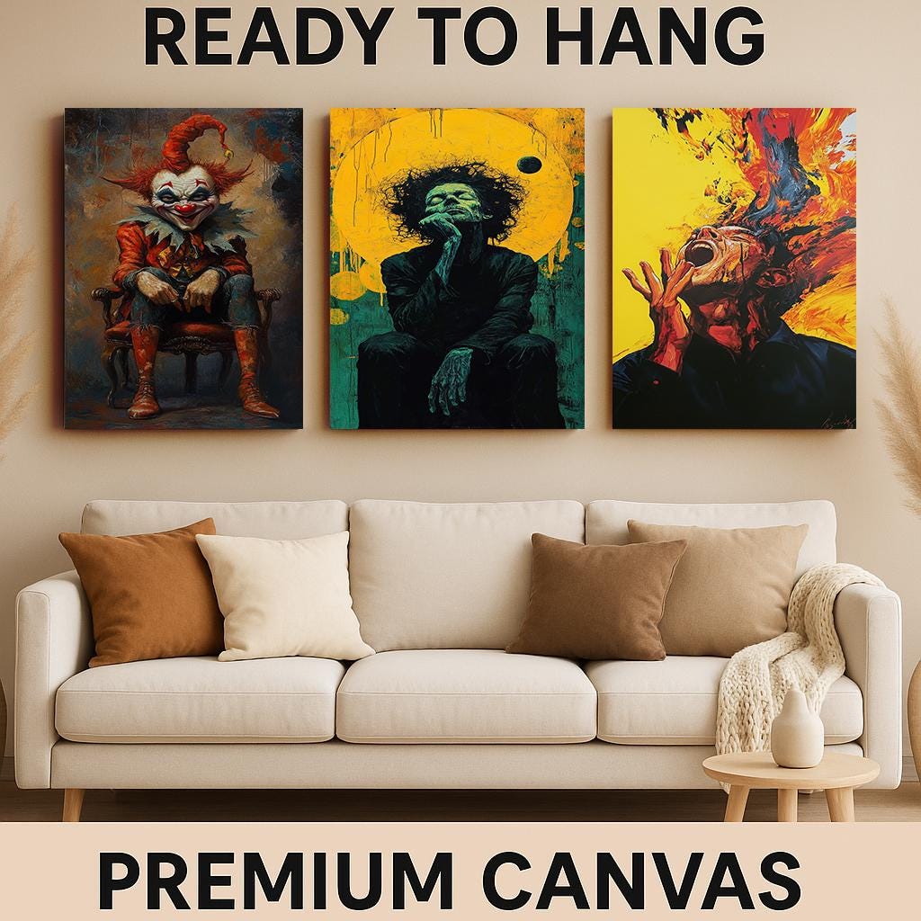 Surreal Horror Art Set: Abstract Figure, Scream Portrait, Red Clown Canvas Prints