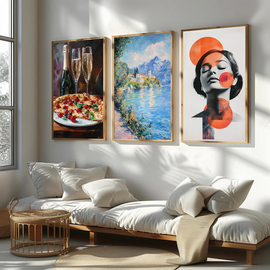 3 Piece Canvas Wall Art Set: Impressionist Lake, Abstract Woman, Champagne & Pizza