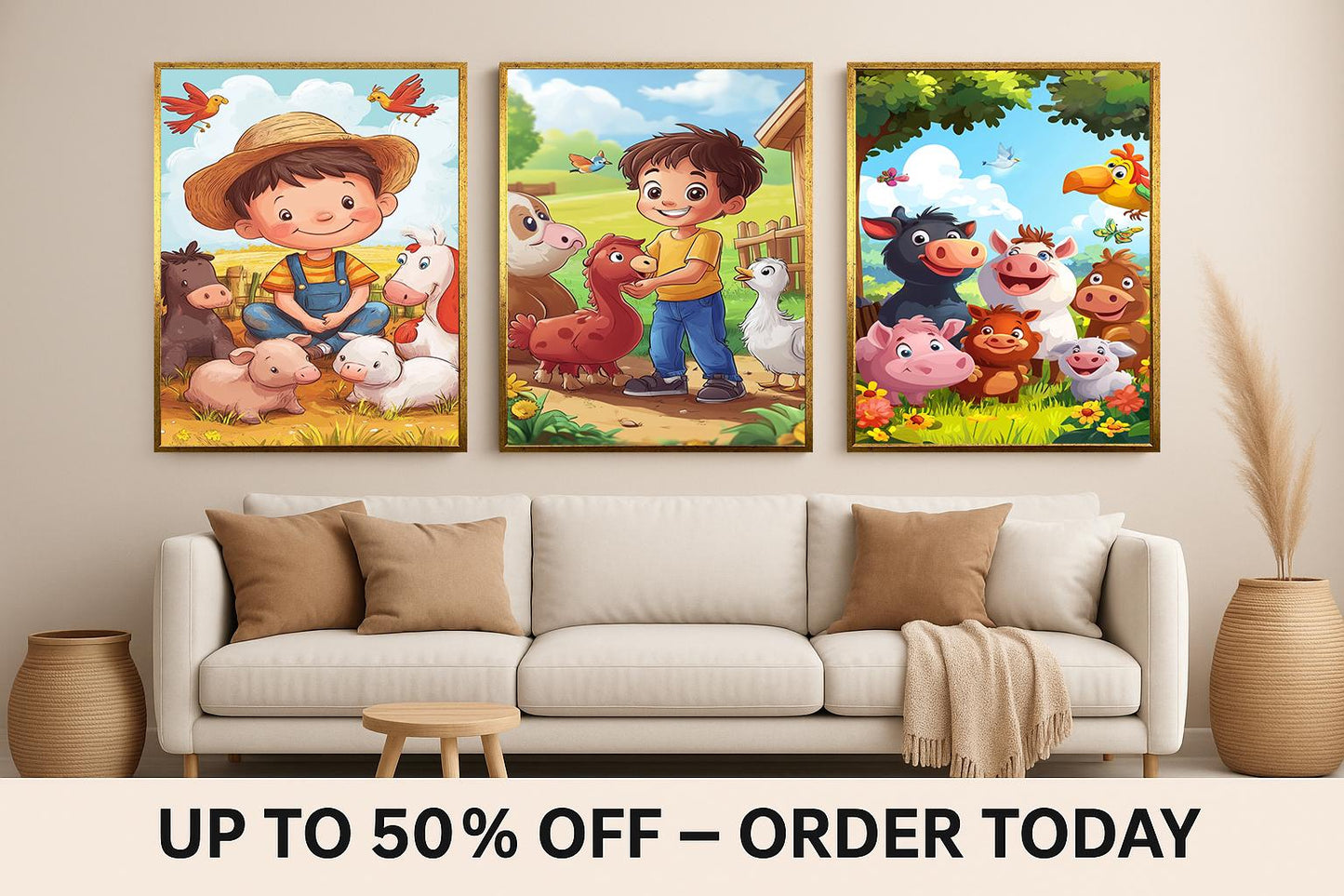 Farm Animals Wall Art Set of 3 Prints Cute Cartoon Baby Farmyard Kids Room Nursery Decor with Boys Animals and Colorful Backgrounds