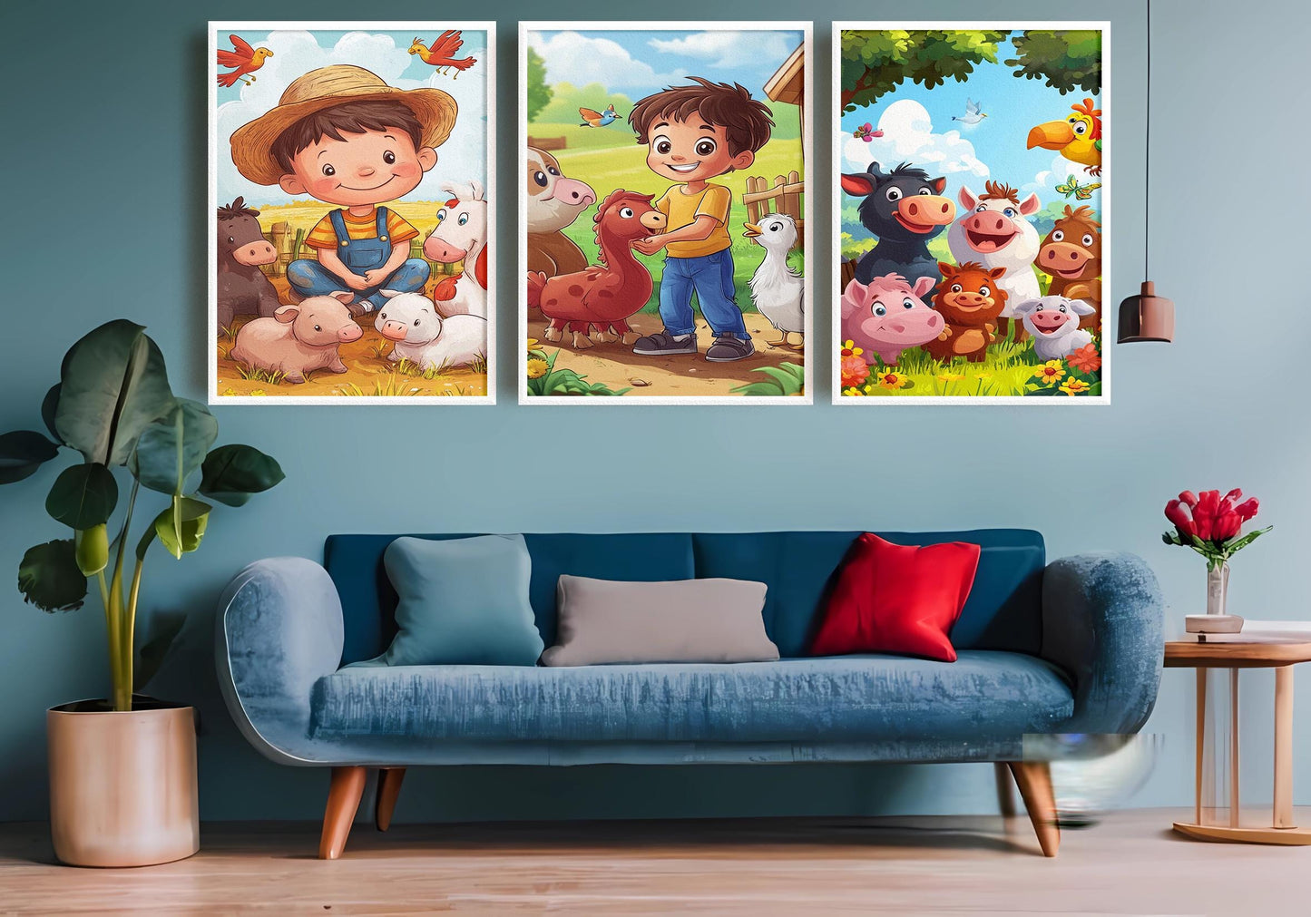 Farm Animals Wall Art Set of 3 Prints Cute Cartoon Baby Farmyard Kids Room Nursery Decor with Boys Animals and Colorful Backgrounds