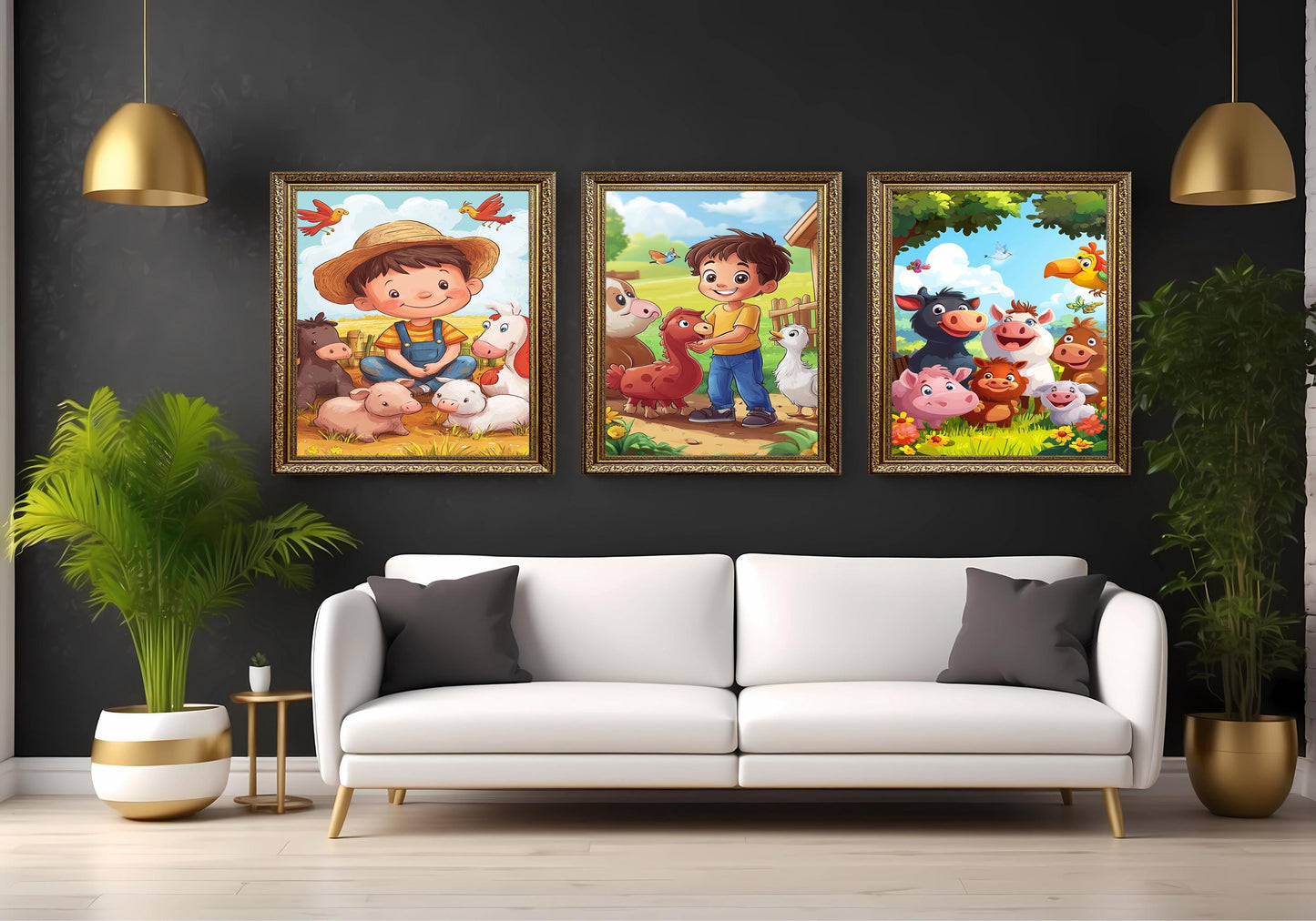Farm Animals Wall Art Set of 3 Prints Cute Cartoon Baby Farmyard Kids Room Nursery Decor with Boys Animals and Colorful Backgrounds