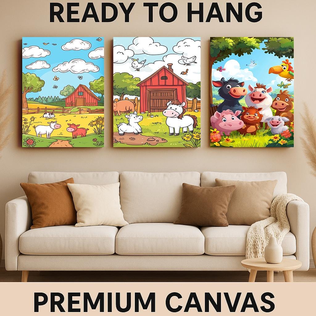 Farm Animal Wall Art Set of 3 Prints Cartoon Barnyard Scene Cute Cow Pig Horse Nursery Decor for Kids Baby Room Playroom Gift Kids Room Art