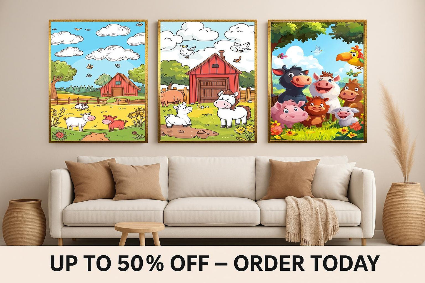 Farm Animal Wall Art Set of 3 Prints Cartoon Barnyard Scene Cute Cow Pig Horse Nursery Decor for Kids Baby Room Playroom Gift Kids Room Art