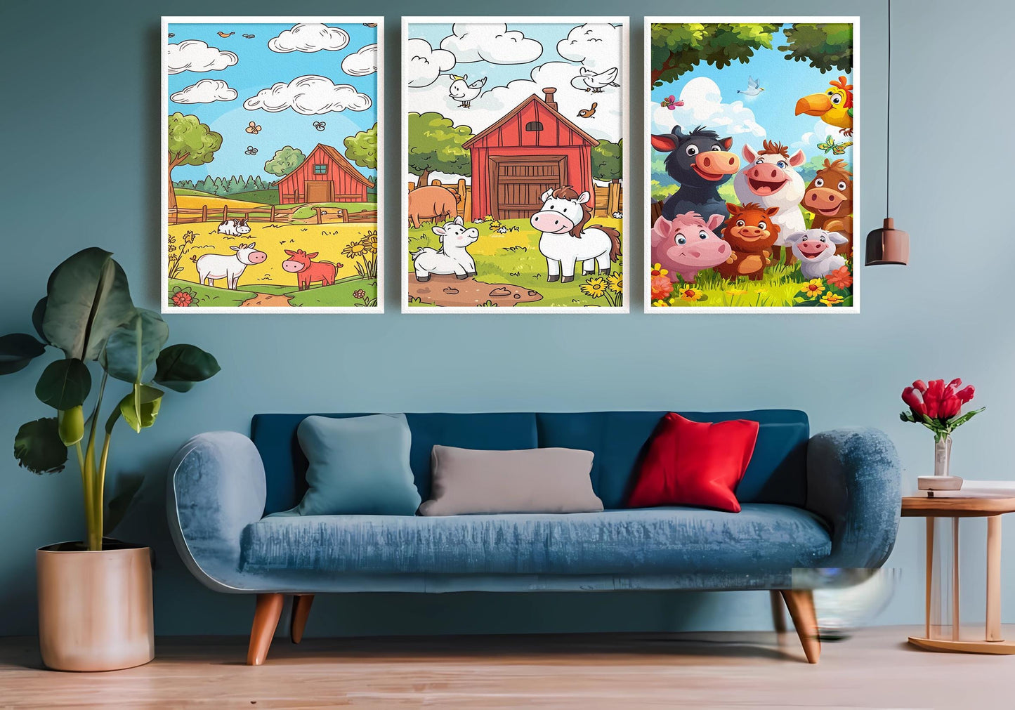 Farm Animal Wall Art Set of 3 Prints Cartoon Barnyard Scene Cute Cow Pig Horse Nursery Decor for Kids Baby Room Playroom Gift Kids Room Art