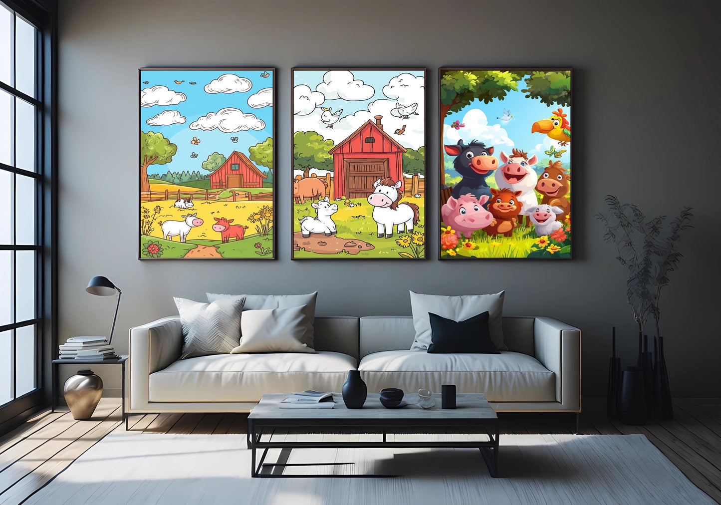Farm Animal Wall Art Set of 3 Prints Cartoon Barnyard Scene Cute Cow Pig Horse Nursery Decor for Kids Baby Room Playroom Gift Kids Room Art