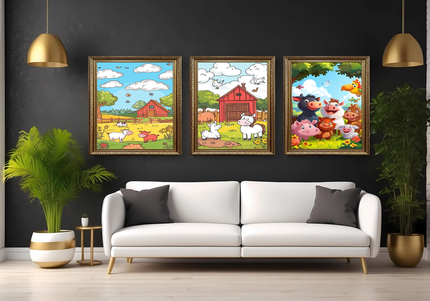 Farm Animal Wall Art Set of 3 Prints Cartoon Barnyard Scene Cute Cow Pig Horse Nursery Decor for Kids Baby Room Playroom Gift Kids Room Art