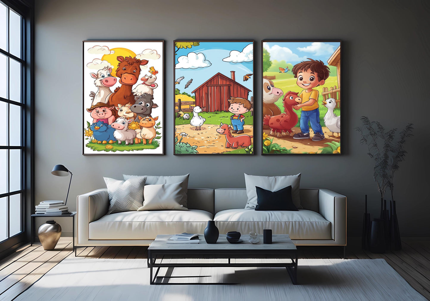 Cartoon Farm Animals Canvas Print Set: Nursery Decor