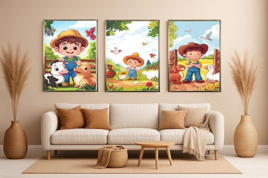 3 Piece Farm Animal Wall Art Set Printable  Boy Farmer Nursery Decor Bundle for Kids Room  Baby Farm Animals Digital Download Poster