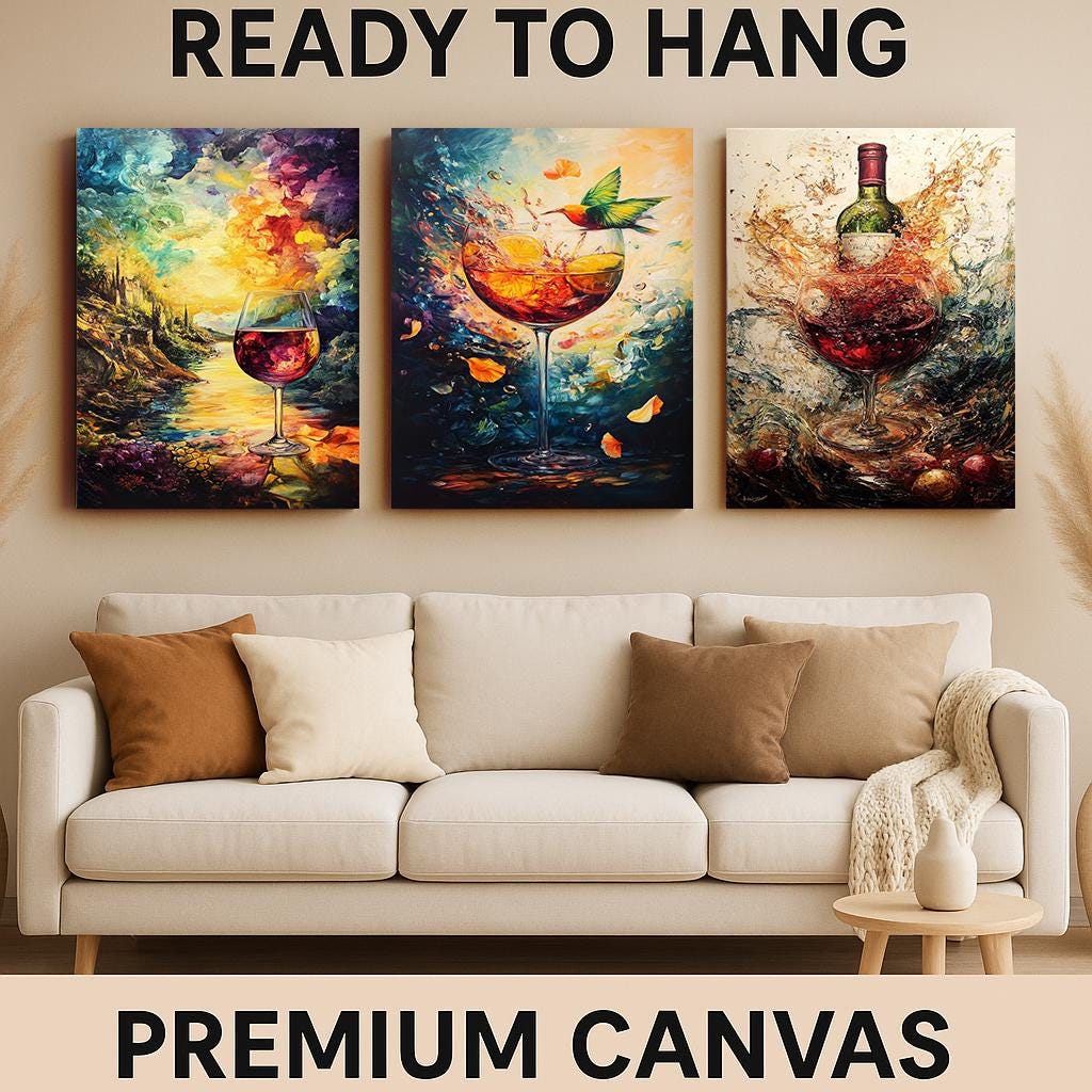 Wine Art Canvas Print Set: Hummingbird, Sunset, Abstract Wine Bottle
