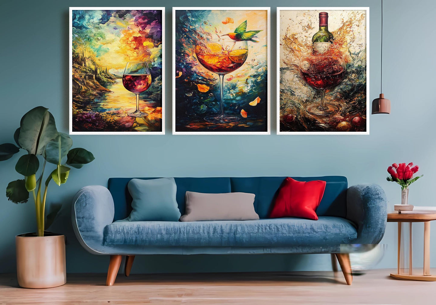 Wine Art Canvas Print Set: Hummingbird, Sunset, Abstract Wine Bottle