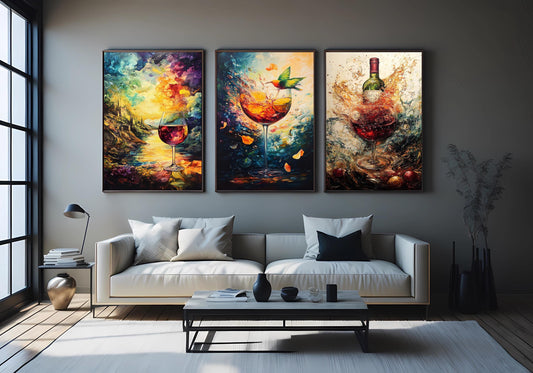 Wine Art Canvas Print Set: Hummingbird, Sunset, Abstract Wine Bottle