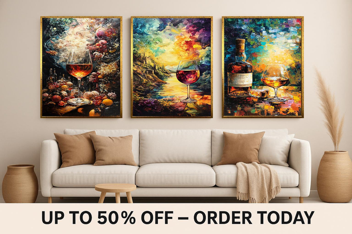 Wine & Whiskey Canvas Print Set: Vineyard Sunset Still Life - Modern Home Art
