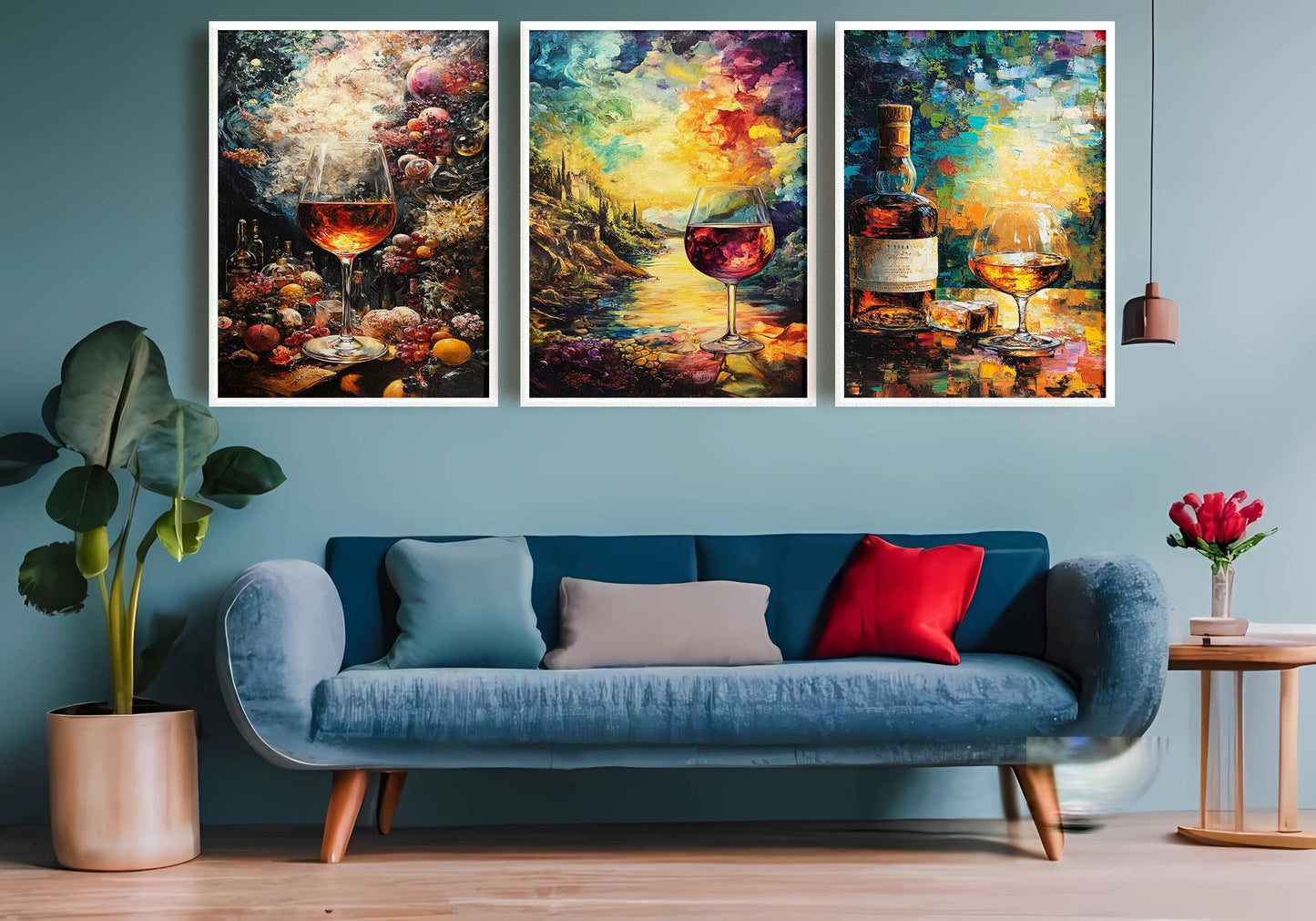 Wine & Whiskey Canvas Print Set: Vineyard Sunset Still Life - Modern Home Art