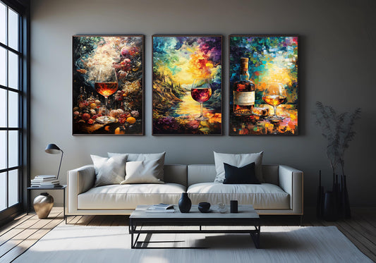 Wine & Whiskey Canvas Print Set: Vineyard Sunset Still Life - Modern Home Art