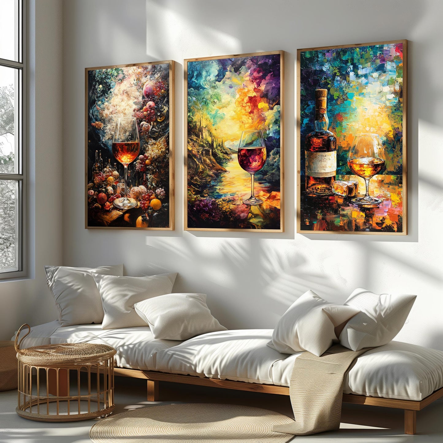 Wine & Whiskey Canvas Print Set: Vineyard Sunset Still Life - Modern Home Art