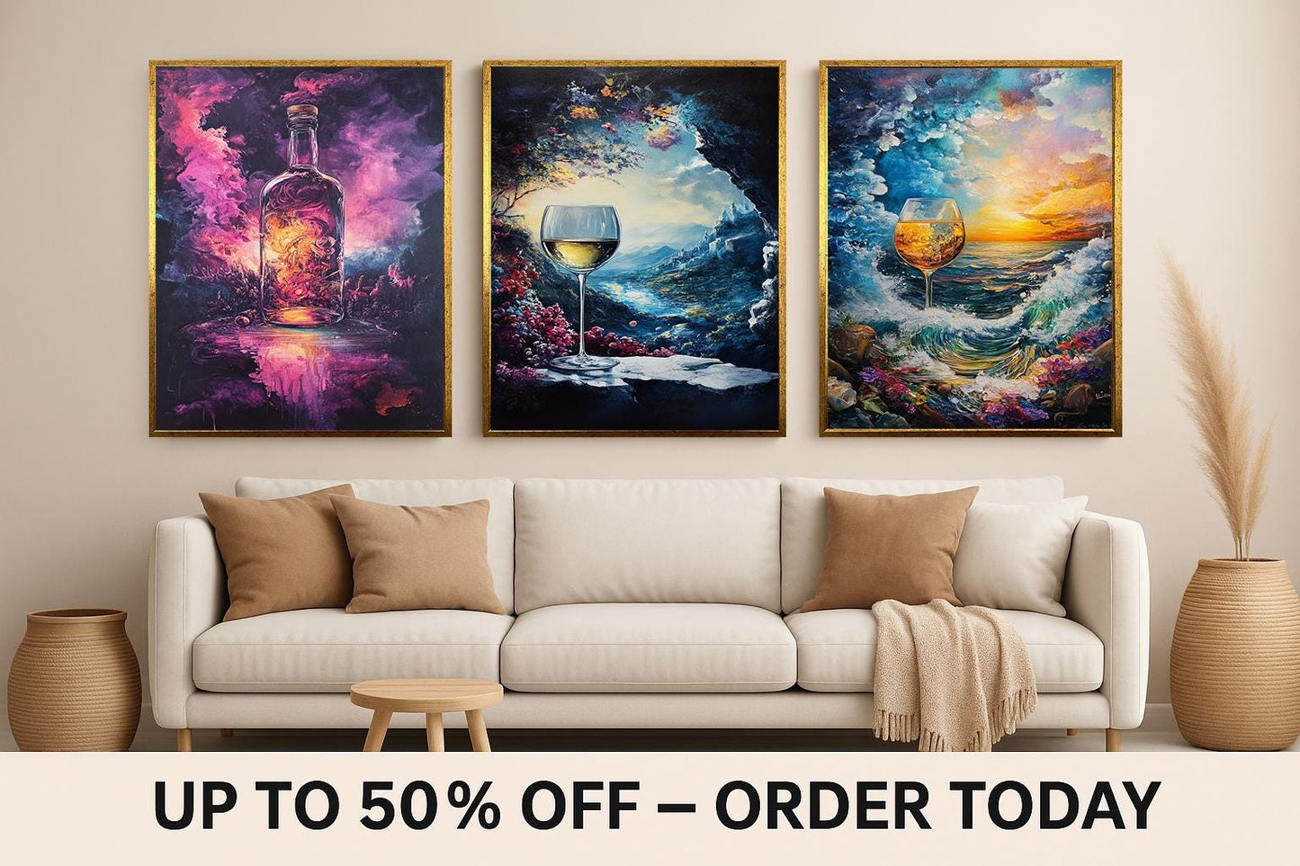 Abstract Wine Art Prints Set: Vineyard, Sunset, Cosmic Bottle