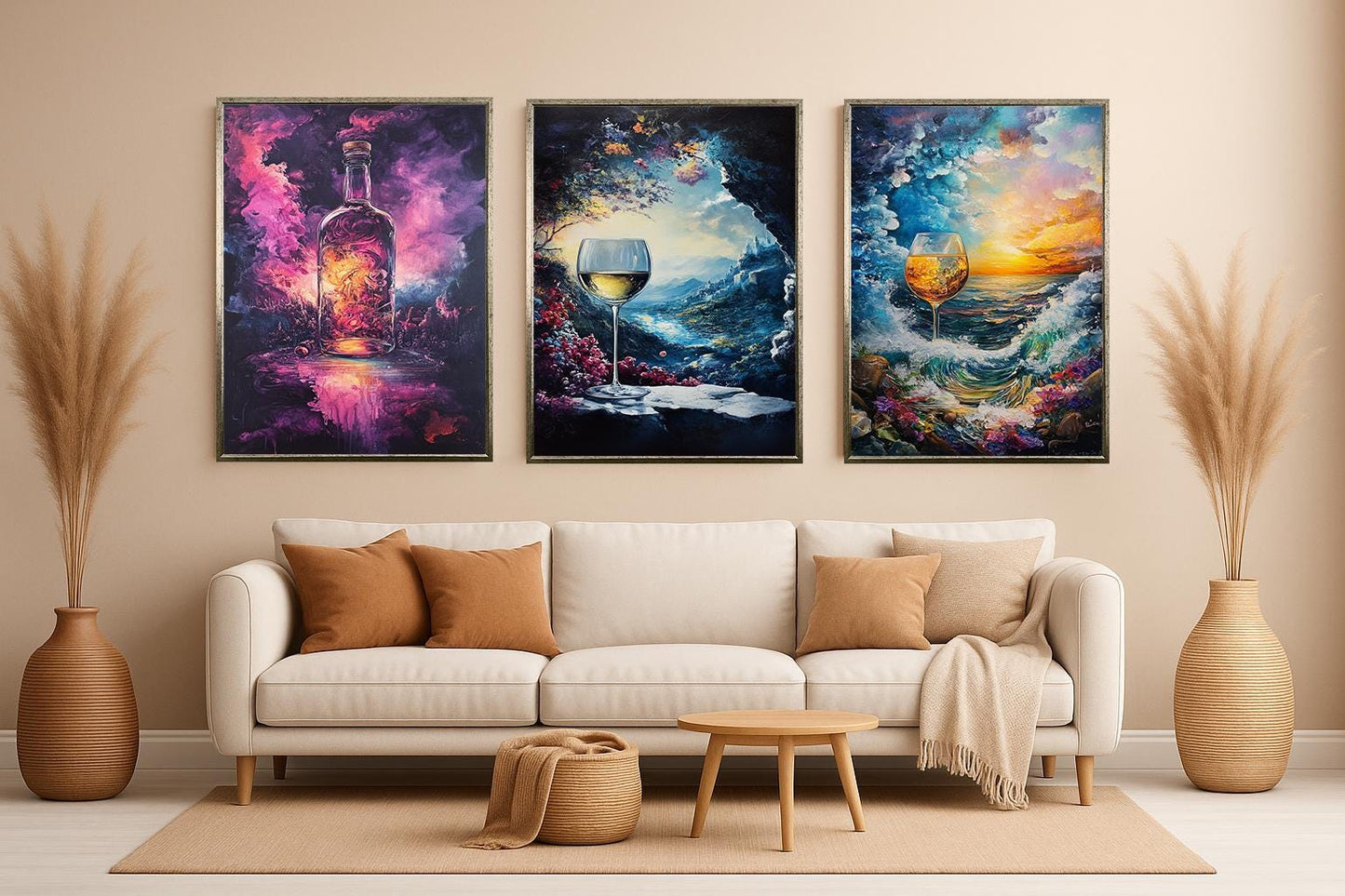 Abstract Wine Art Prints Set: Vineyard, Sunset, Cosmic Bottle