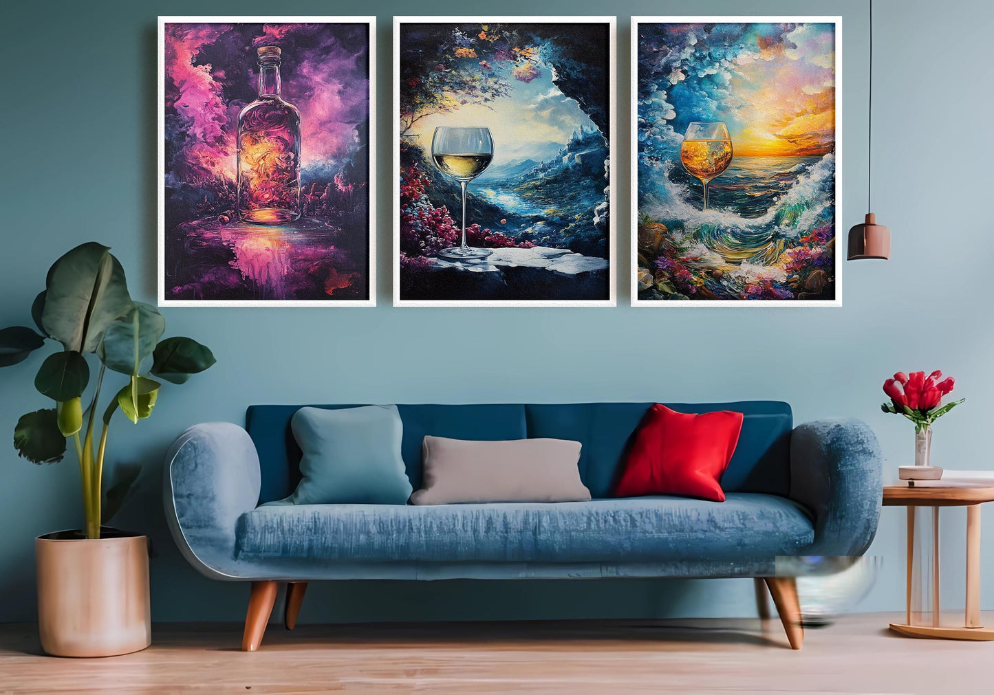 Abstract Wine Art Prints Set: Vineyard, Sunset, Cosmic Bottle