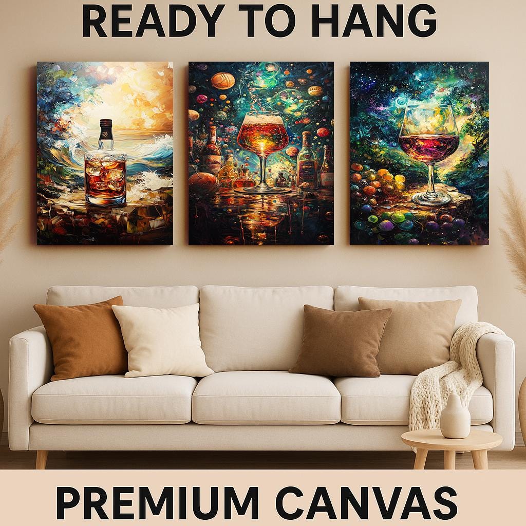 Cosmic Wine & Whiskey Canvas Art Set: Abstract Galaxy Drink Prints
