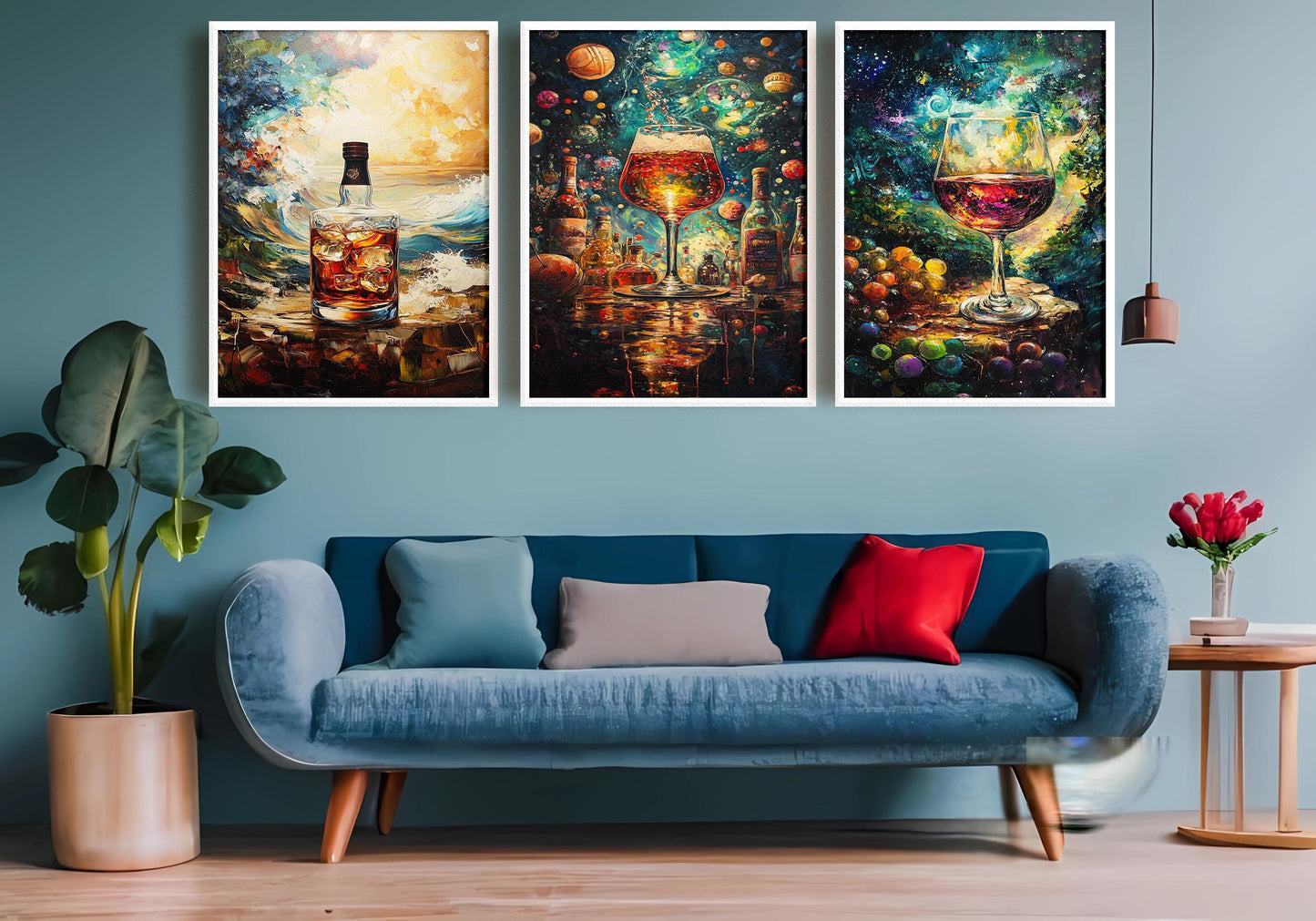 Cosmic Wine & Whiskey Canvas Art Set: Abstract Galaxy Drink Prints