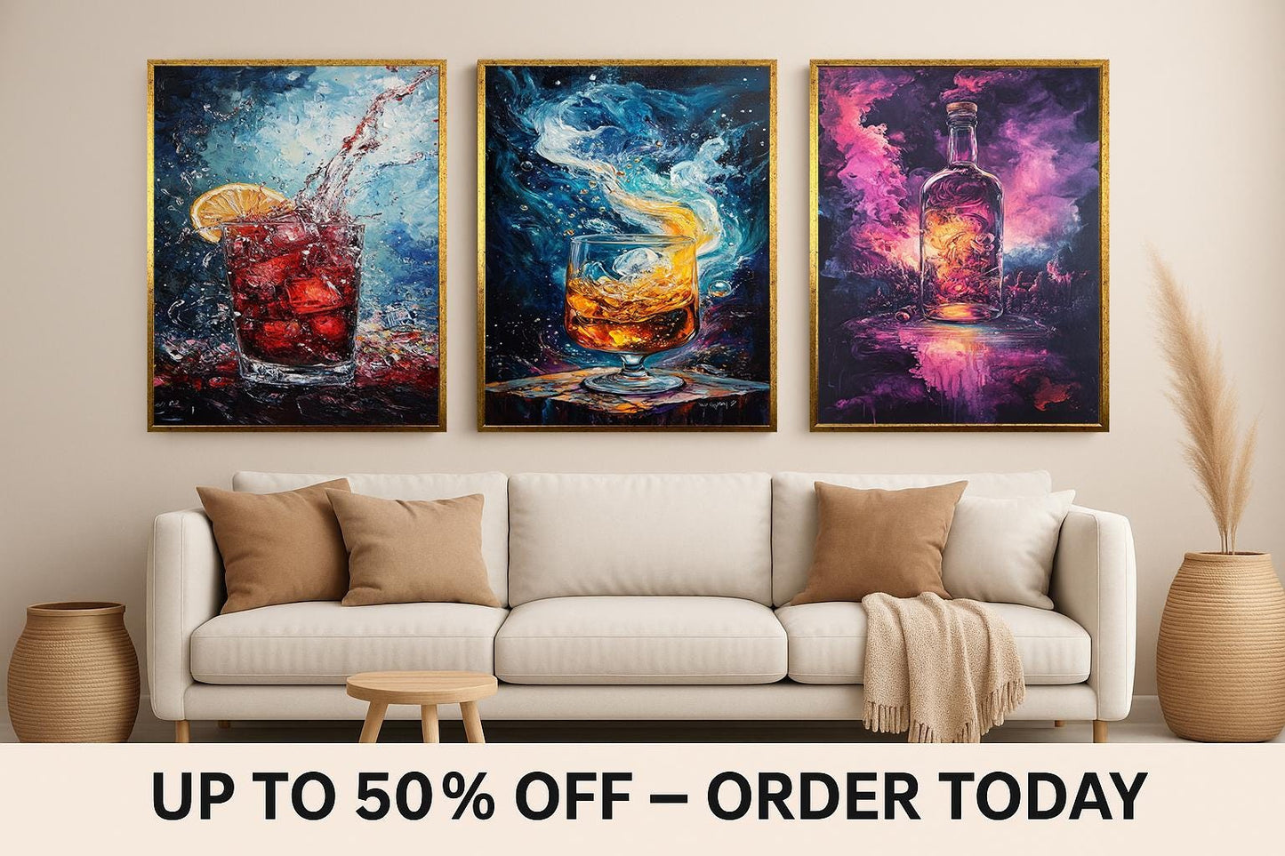 Cosmic Cocktail Canvas Print Set: Abstract Galaxy Bar Art