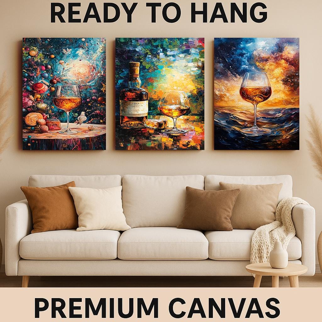Abstract Wine & Whiskey Canvas Print Set: Golden Still Life Wall Art