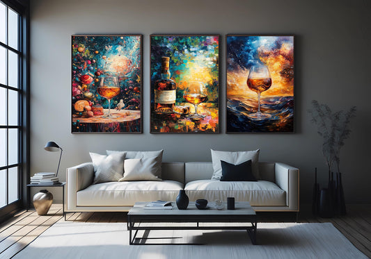 Abstract Wine & Whiskey Canvas Print Set: Golden Still Life Wall Art
