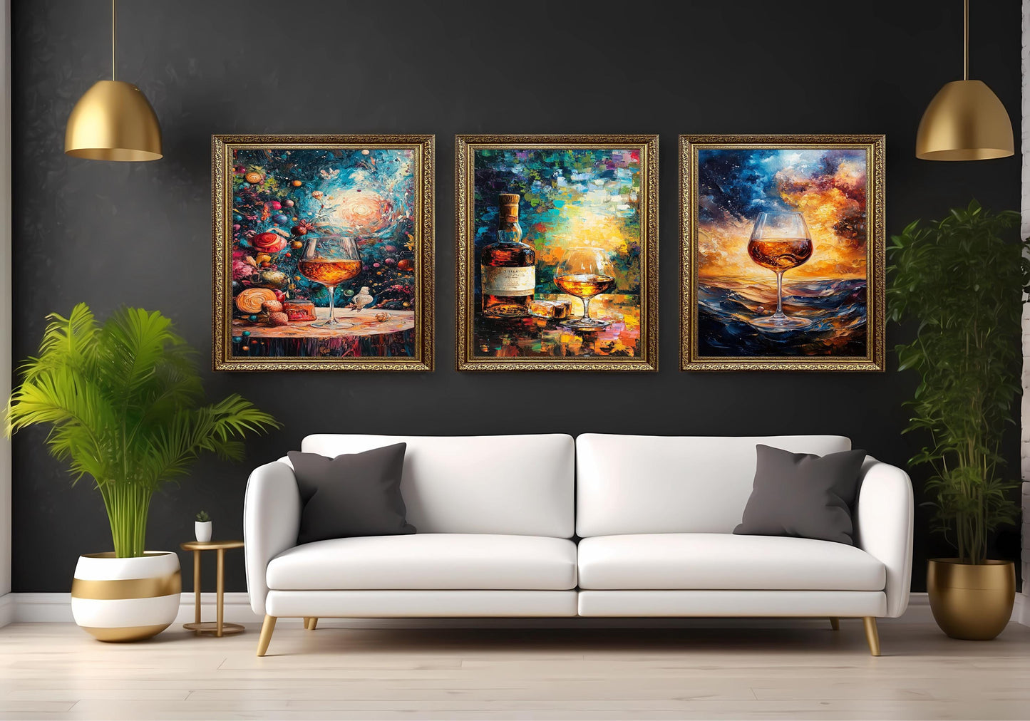 Abstract Wine & Whiskey Canvas Print Set: Golden Still Life Wall Art
