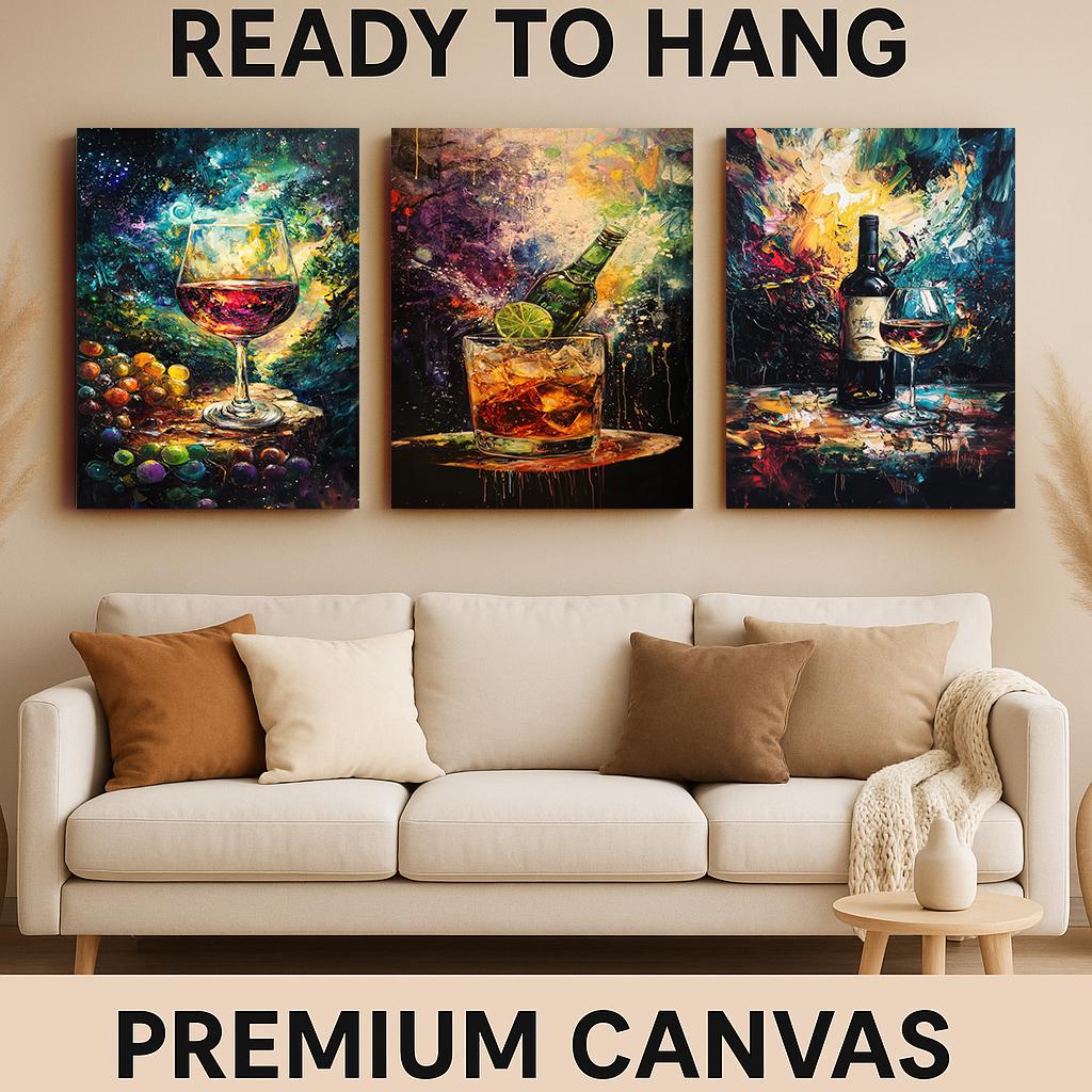 Abstract Wine & Cocktail Canvas Art Prints - Set of 3