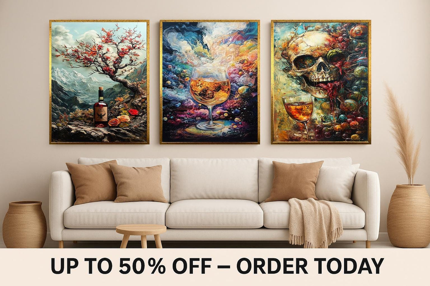 Mystical Wine & Whiskey Canvas Print Set: Gothic Skull, Cosmic Drink, Mountain Art