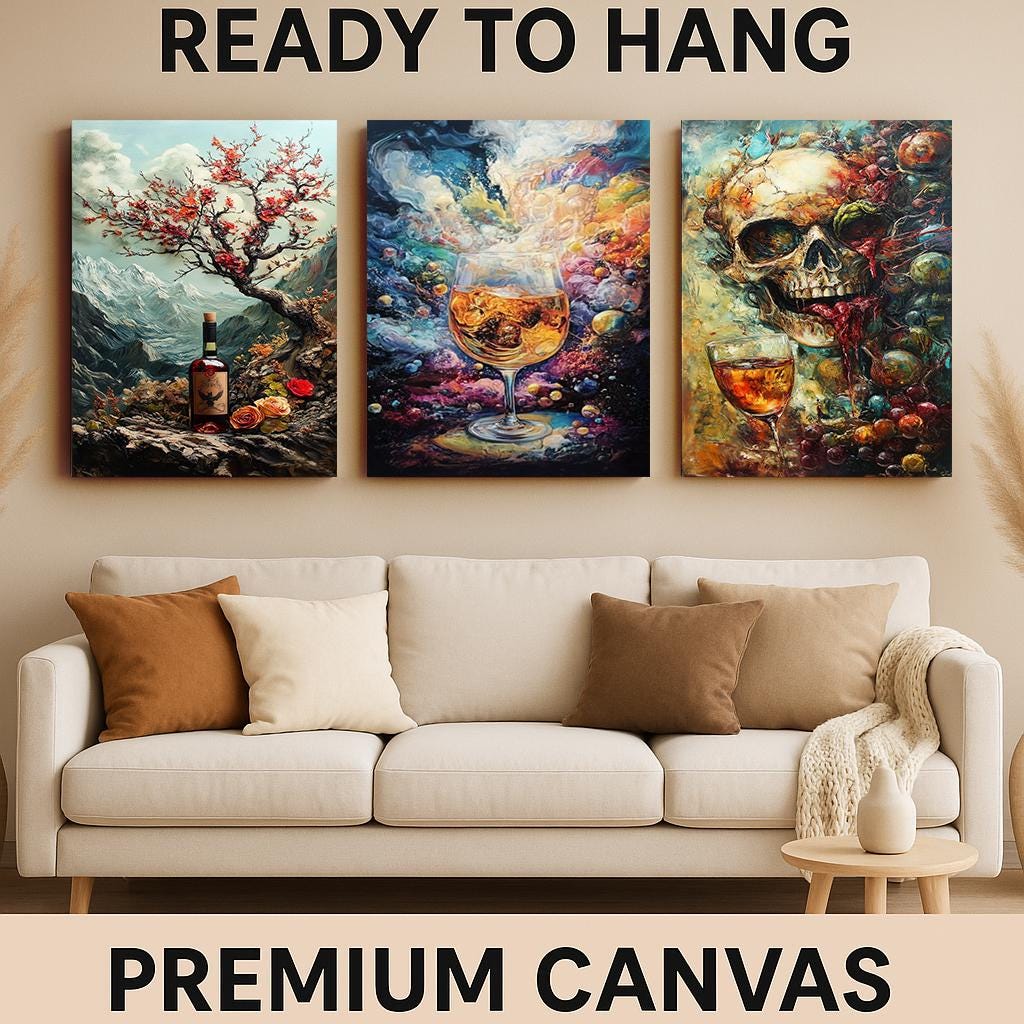 Mystical Wine & Whiskey Canvas Print Set: Gothic Skull, Cosmic Drink, Mountain Art