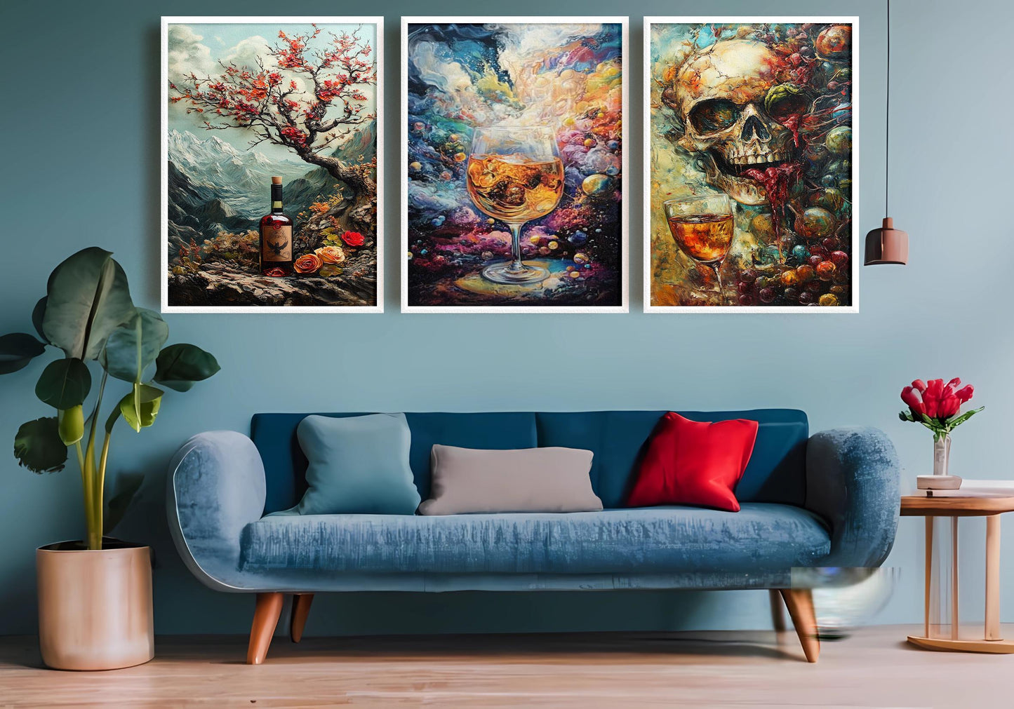 Mystical Wine & Whiskey Canvas Print Set: Gothic Skull, Cosmic Drink, Mountain Art