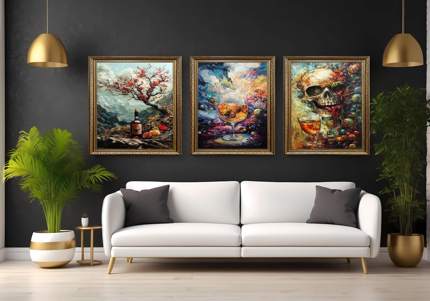 Mystical Wine & Whiskey Canvas Print Set: Gothic Skull, Cosmic Drink, Mountain Art