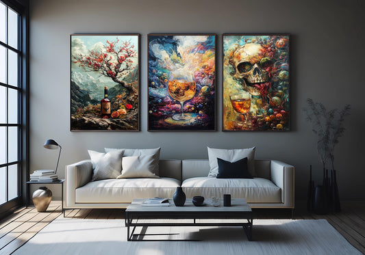 Mystical Wine & Whiskey Canvas Print Set: Gothic Skull, Cosmic Drink, Mountain Art