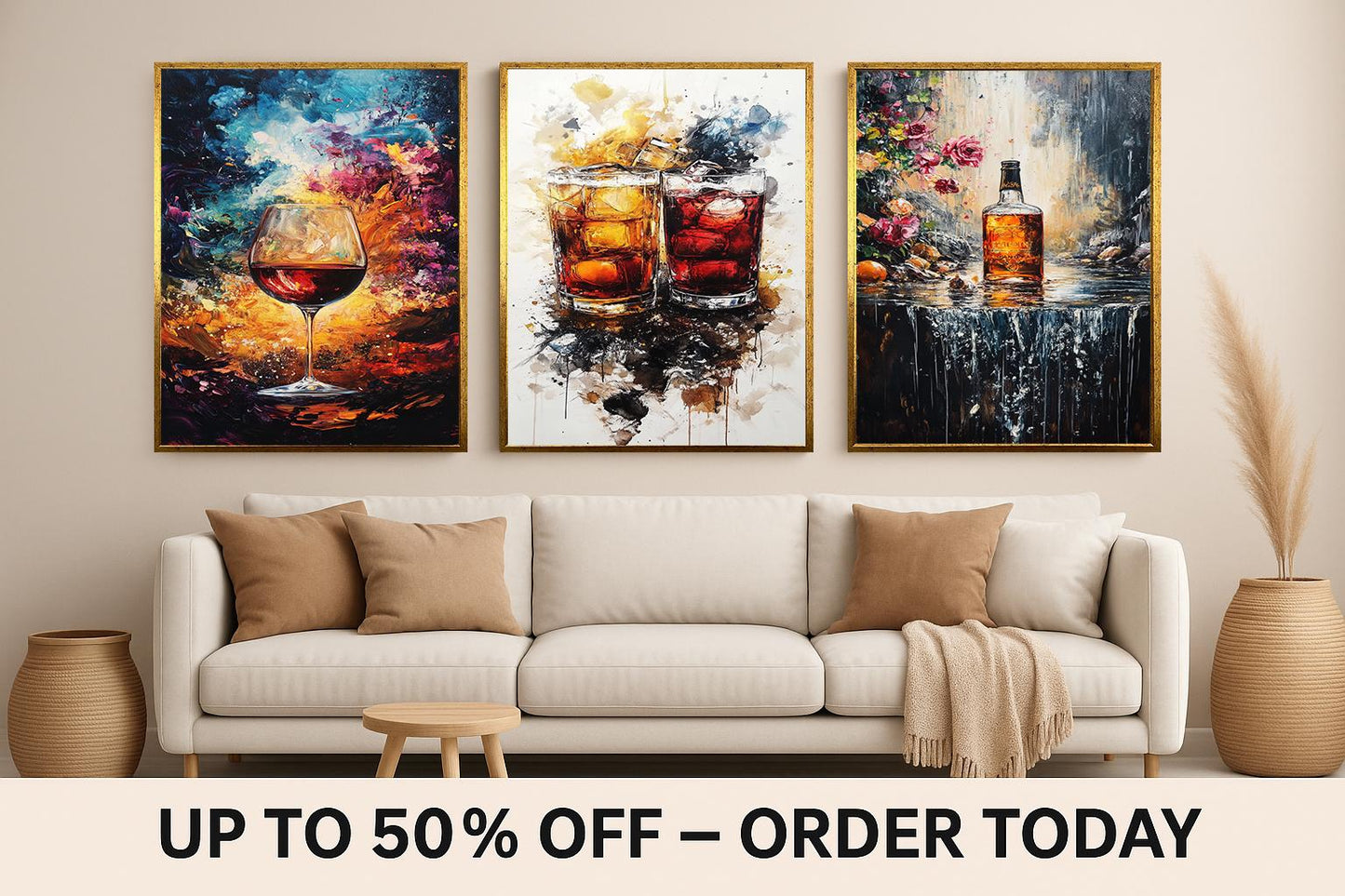 Abstract Whiskey and Wine Canvas Print Set: Bar Decor