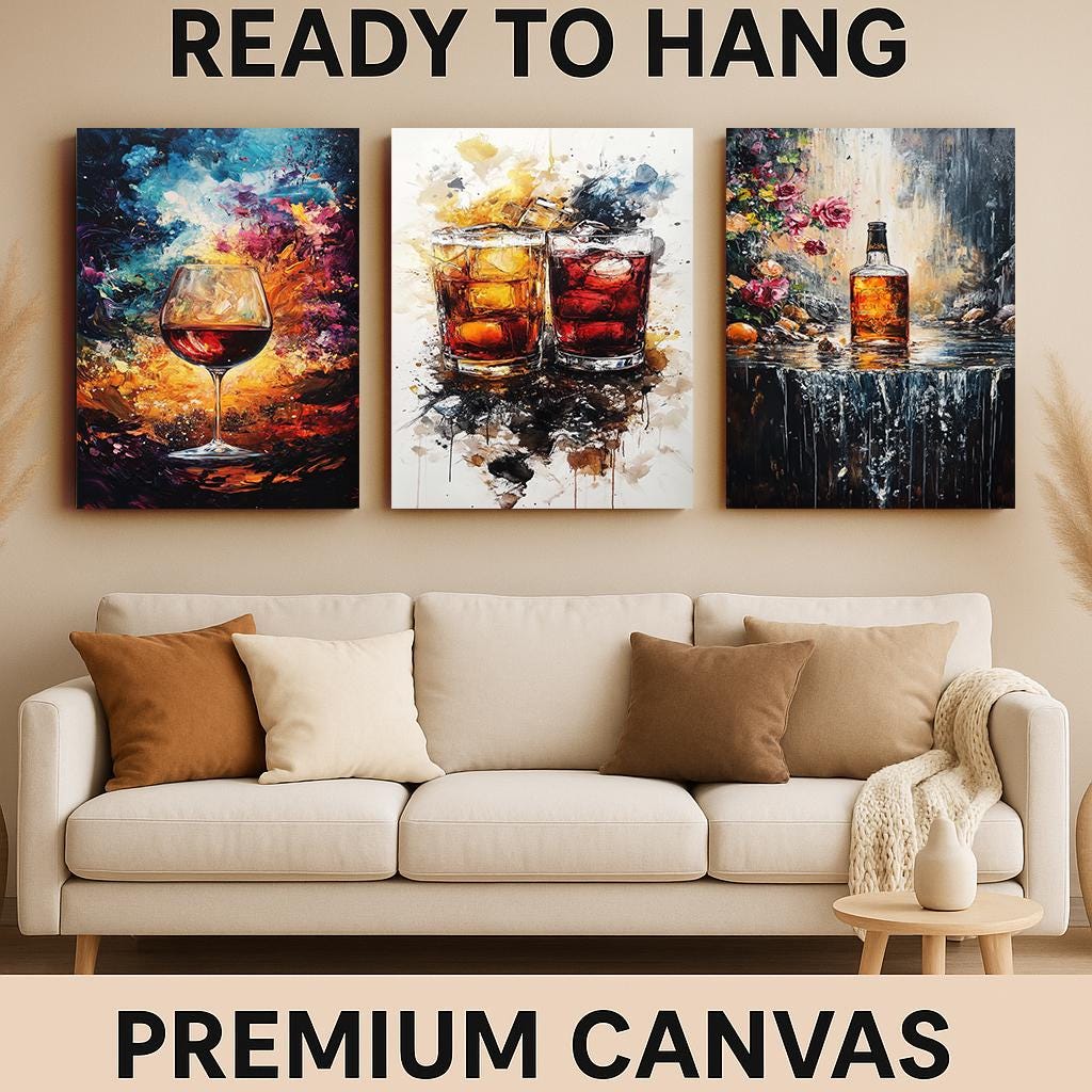 Abstract Whiskey and Wine Canvas Print Set: Bar Decor