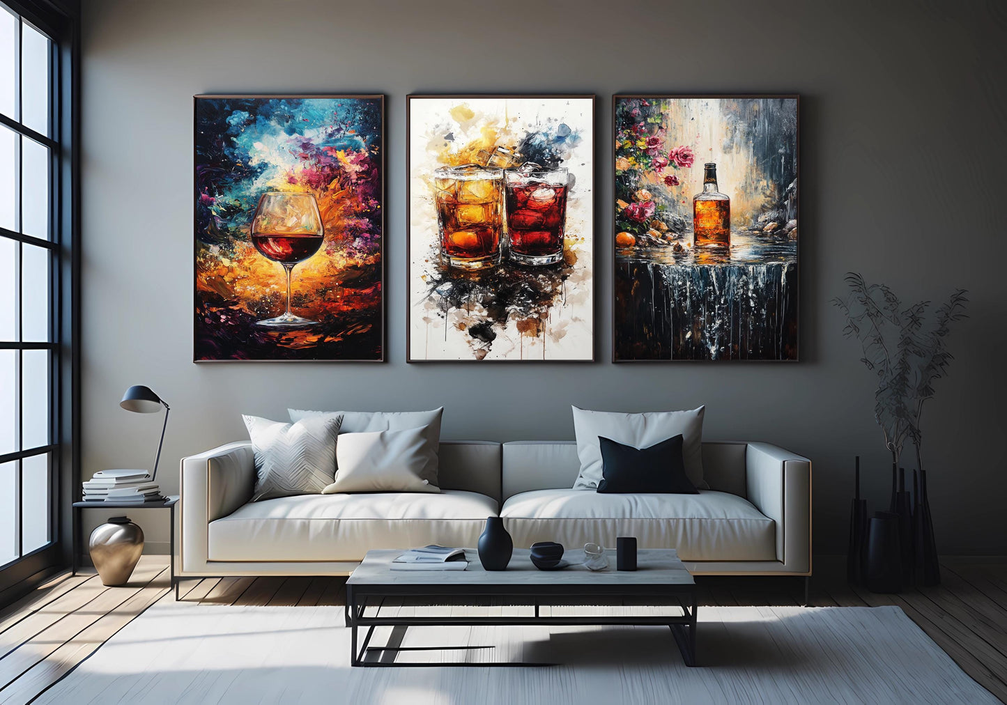 Abstract Whiskey and Wine Canvas Print Set: Bar Decor