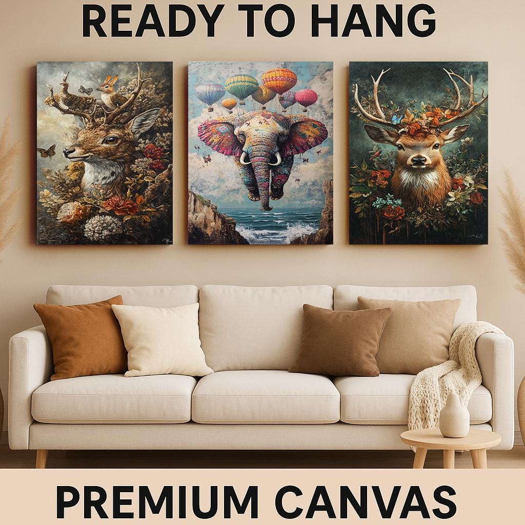 Whimsical Animal Canvas Print Set: Elephant, Deer, Floral Nursery Art