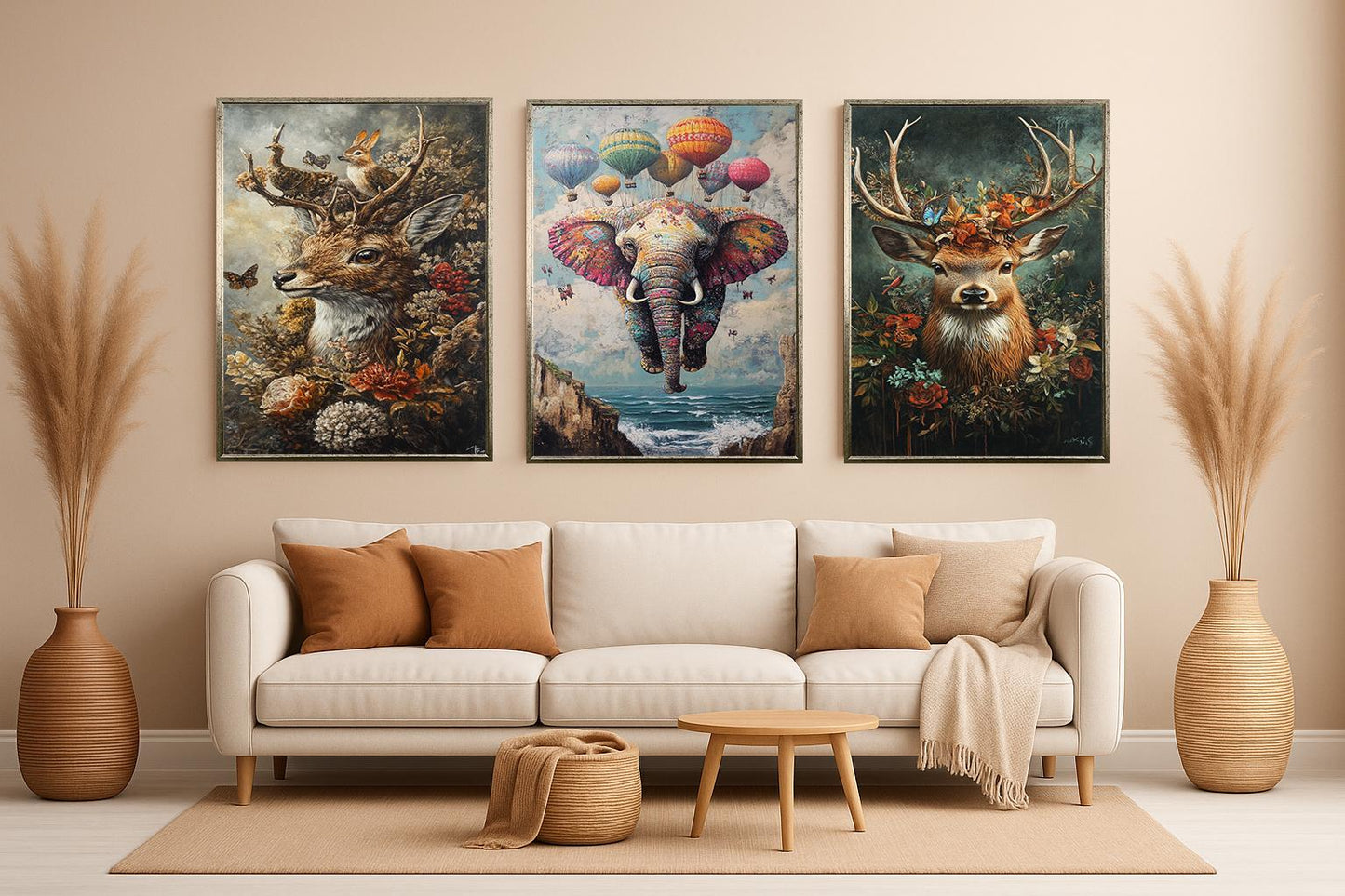 Whimsical Animal Canvas Print Set: Elephant, Deer, Floral Nursery Art